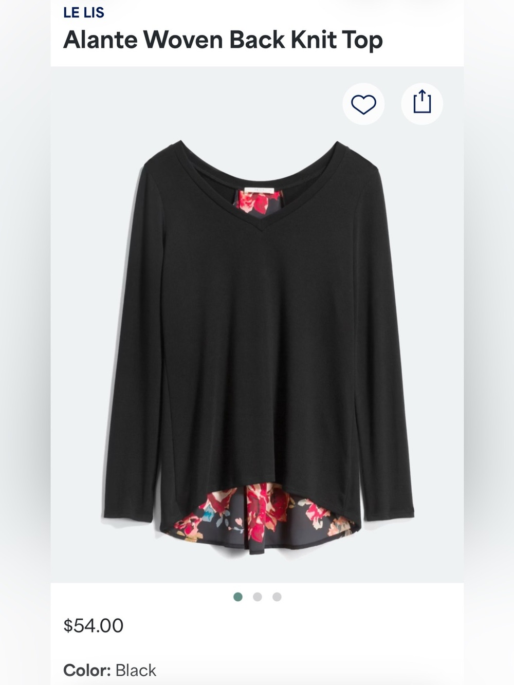 Le Lis Black V-Neck Long Sleeve Top with Floral Back Hem